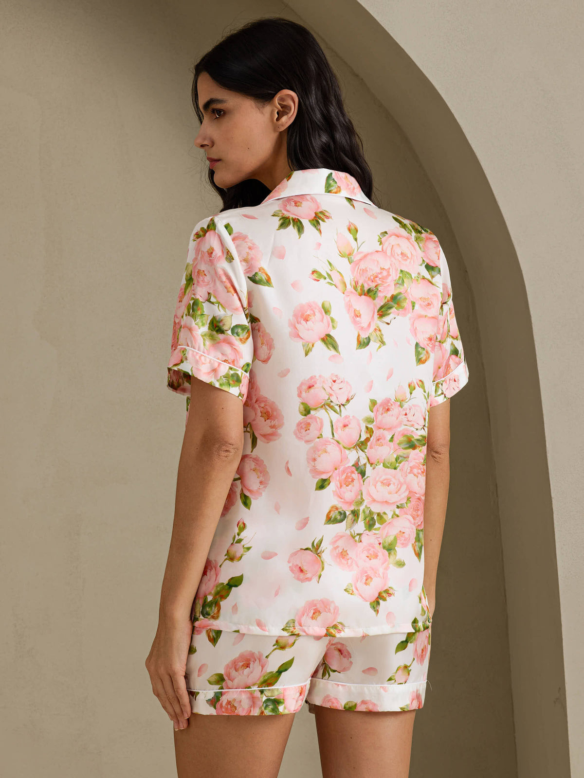 [White Peony] SilkSilky-UK Short Sleeve Notch Collar Women's Pyjamas 002