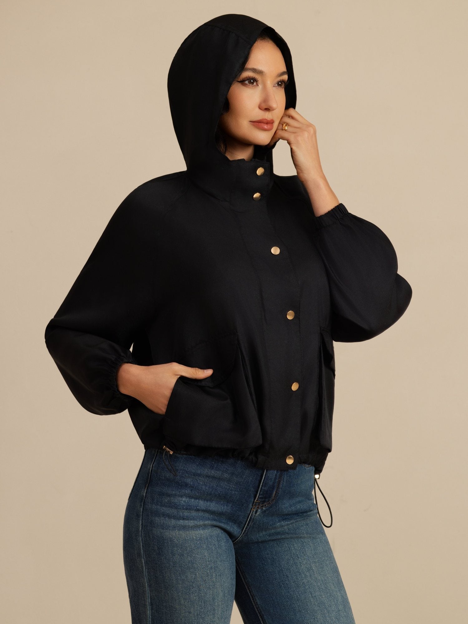 [Black] SilkSilky-UK Silk Satin Surah Long Sleeve High Neck Women's Outerwear 001
