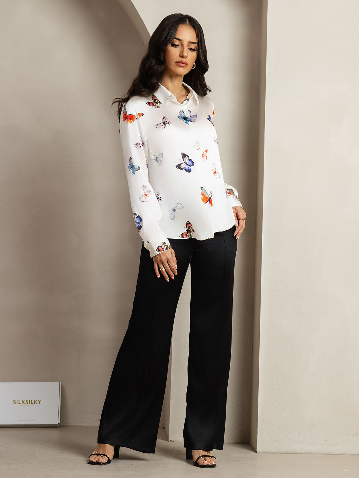 [White Butterfly] SilkSilky-UK Silk Long Sleeve Collar Women's Shirt 007