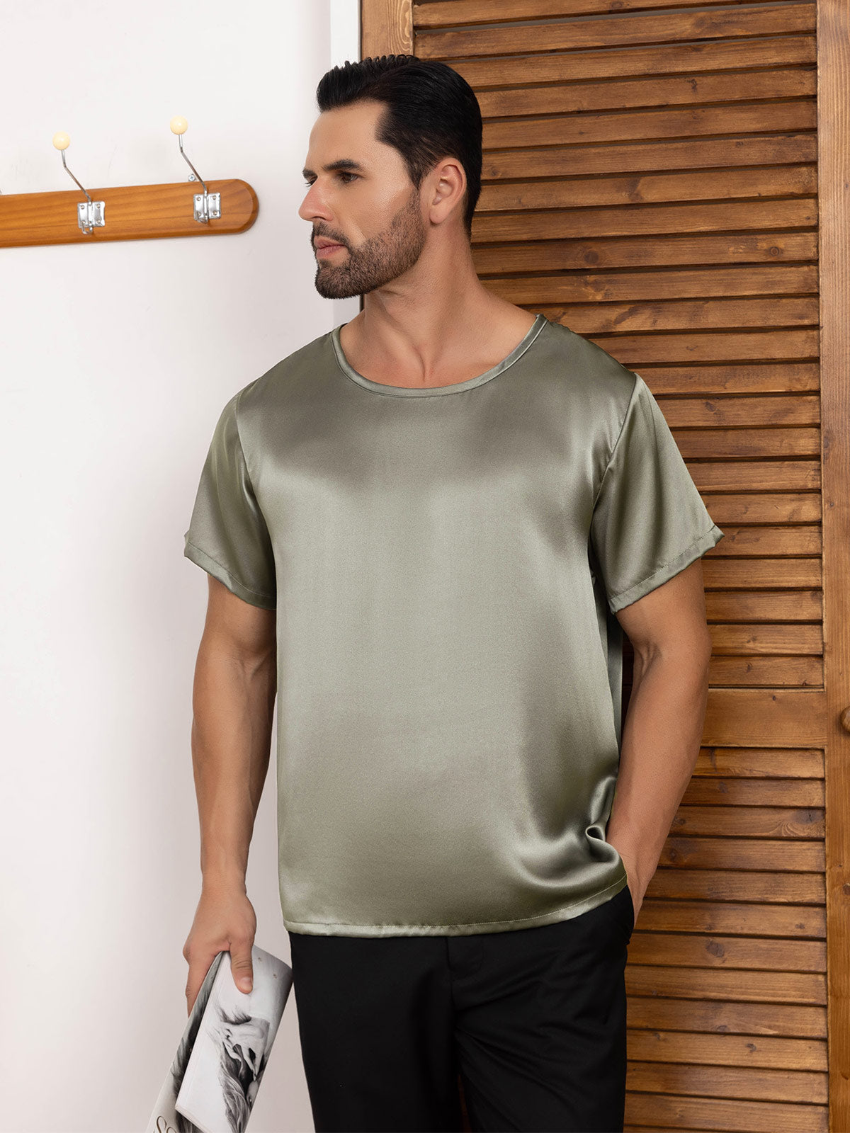 [GrayishGreen] SilkSilky-UK Pure Silk Short Sleeve Round Neck Men's T-Shirt 001
