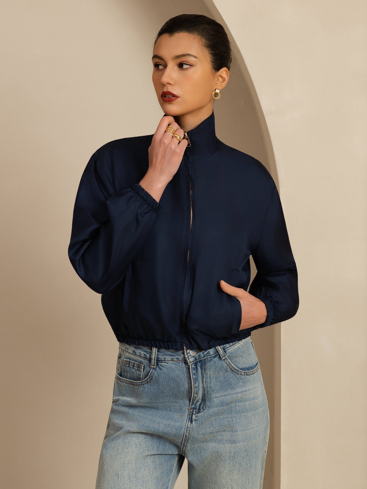 [Black+DarkBlue] SilkSilky-UK 18Momme Silk Satin Surah Long Sleeve Stand Collar Women's Outerwear 003
