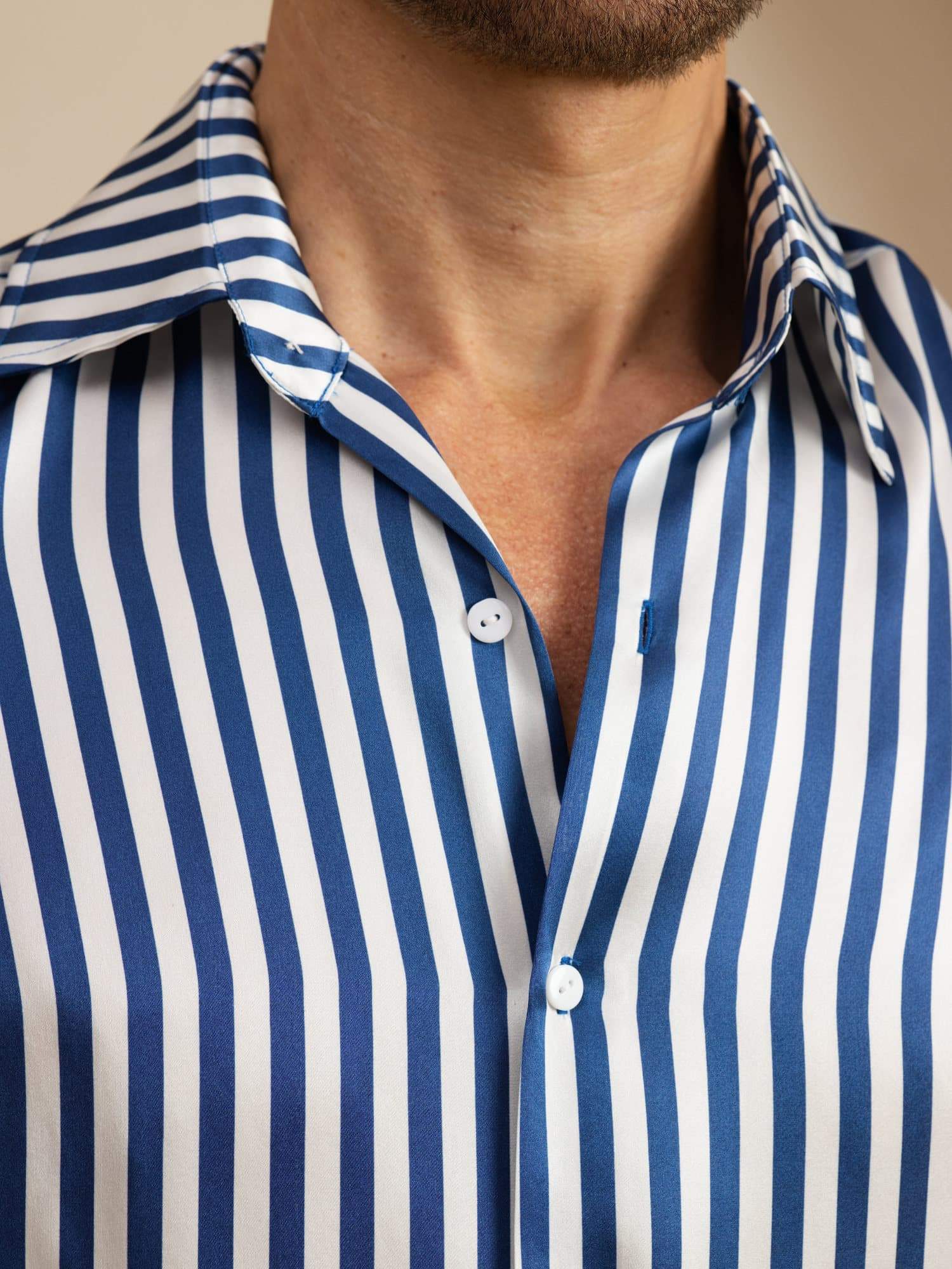 [Navy Stripe] SilkSilky-UK 19Momme Stretch Silk Charmeuse Long Sleeve Lapel Collar Men's Shirt 006