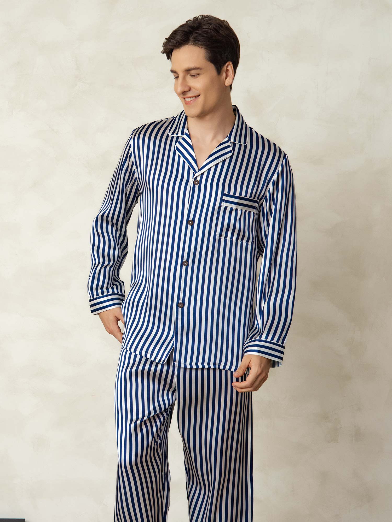 [Navy Stripe] SilkSilky-UK 19Momme Pure Silk Mens Pajamas 005