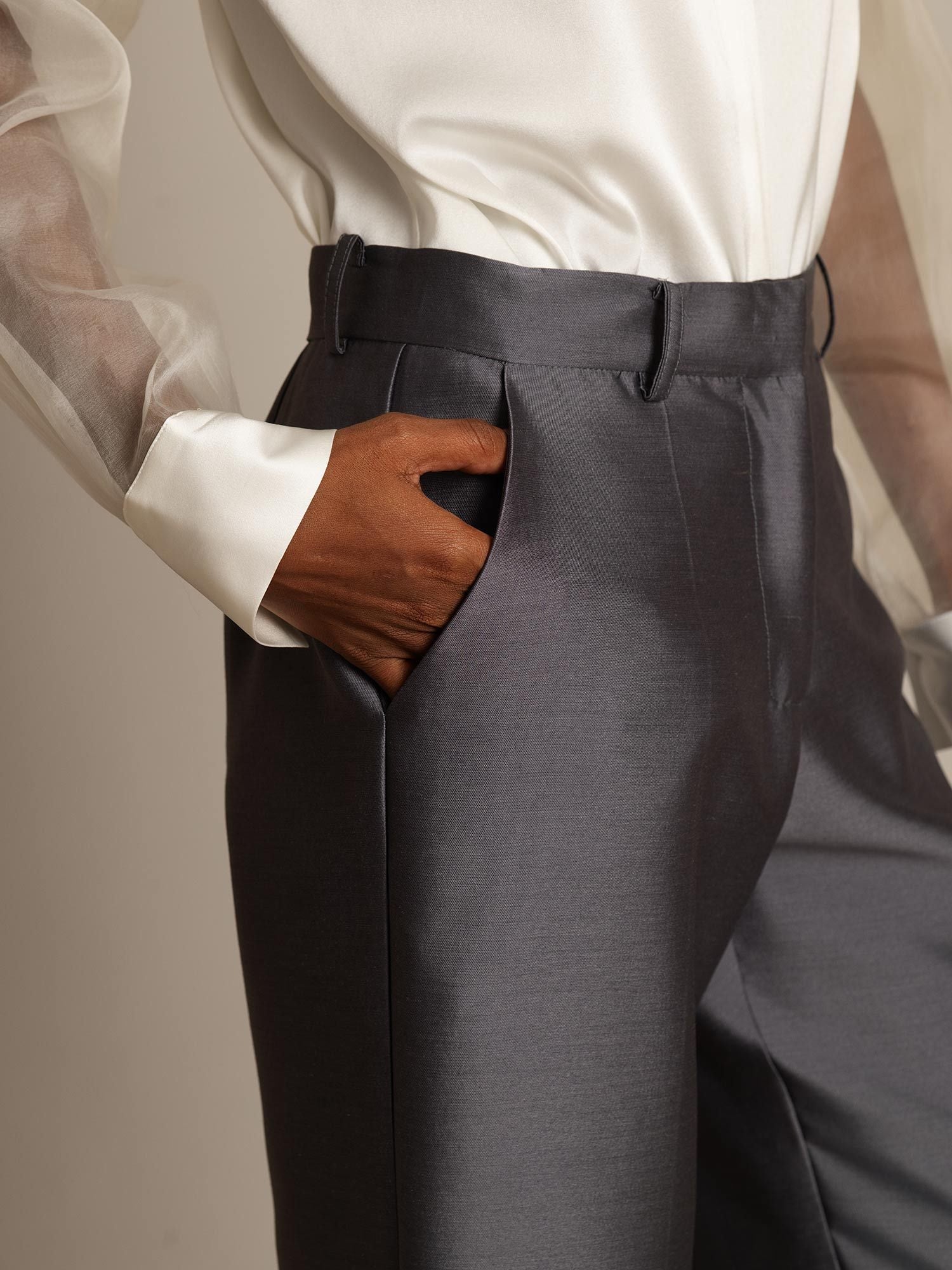 [Gray] SilkSilky-UK 32Momme Silk-Wool Blend Womens Pants 004,