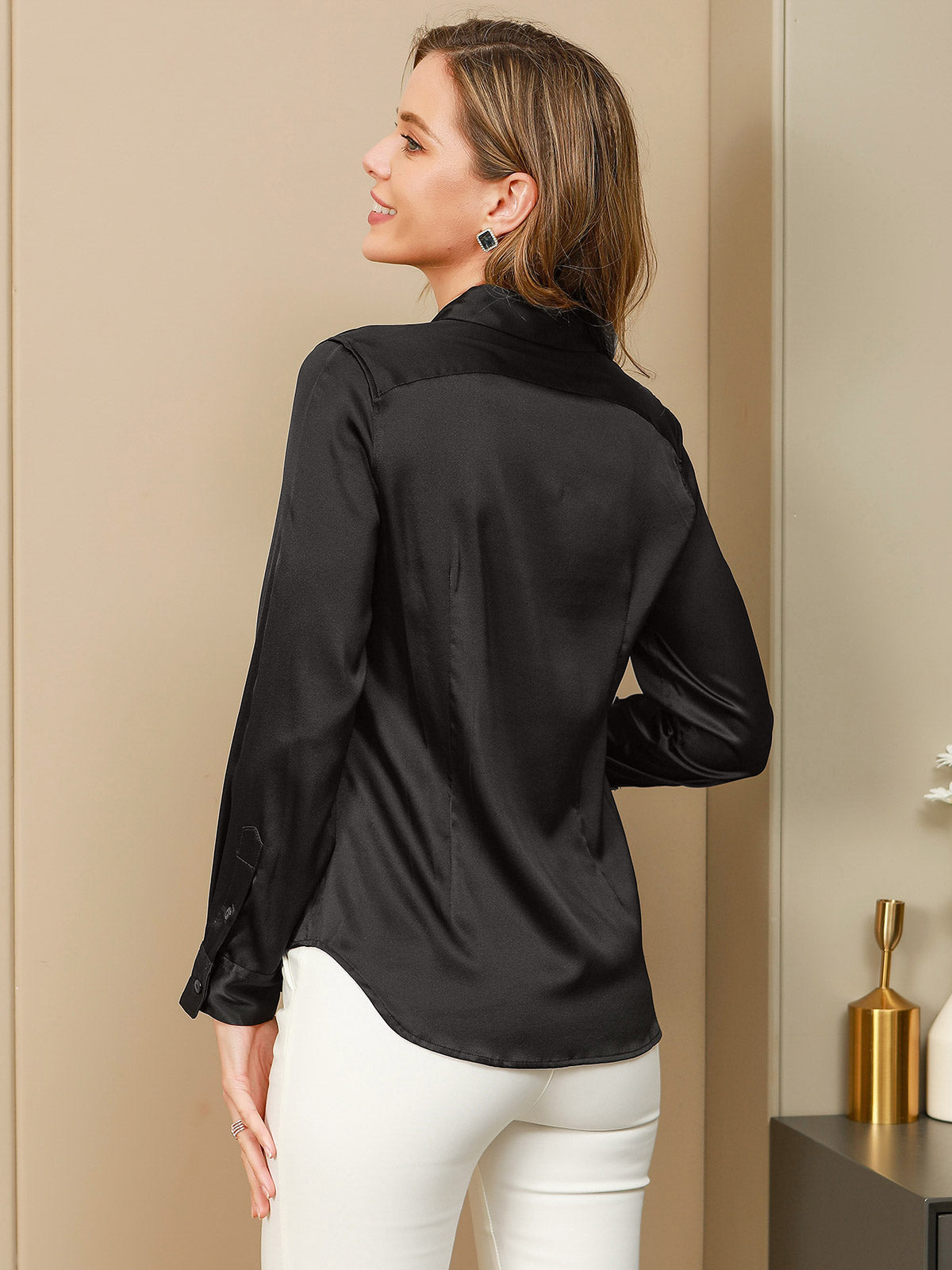 [Black] SilkSilky-UK Silk Long Sleeve Collar Women's Shirt 002