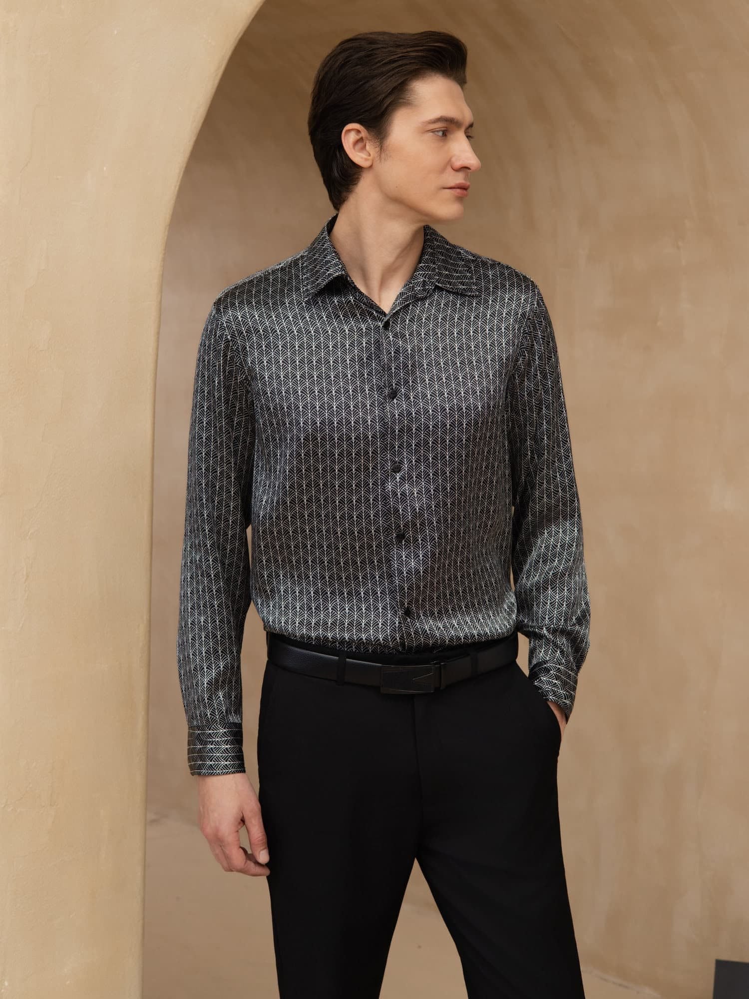 [Black Ginkgo] SilkSilky-UK Long Sleeve Lapel Collar Men's Shirt 004