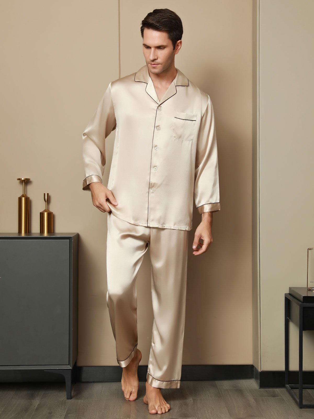 SilkSilky UK Pure Silk Long Sleeve Lapel Men's Pyjamas Tan 007