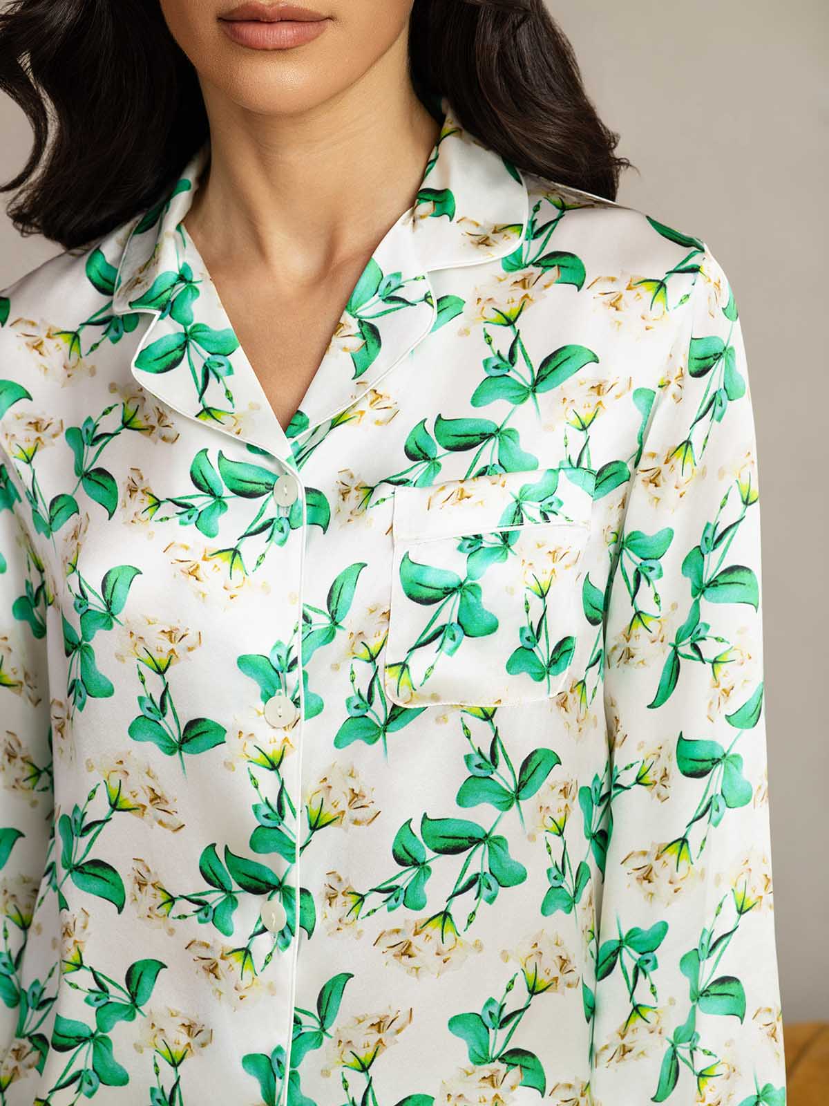 [Green Floral] SilkSilky-UK Pure Silk Womens Pajamas 007