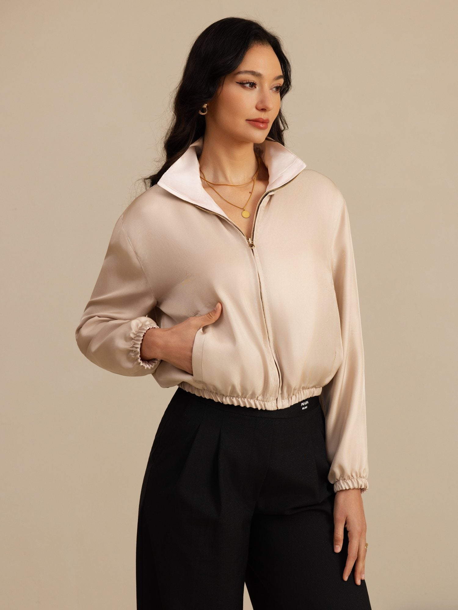 [Tan+Pink] SilkSilky-UK 18Momme Silk Satin Surah Long Sleeve Stand Collar Women's Outerwear 001