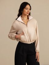 [Tan+Pink] SilkSilky-UK 18Momme Silk Satin Surah Long Sleeve Stand Collar Women's Outerwear 001