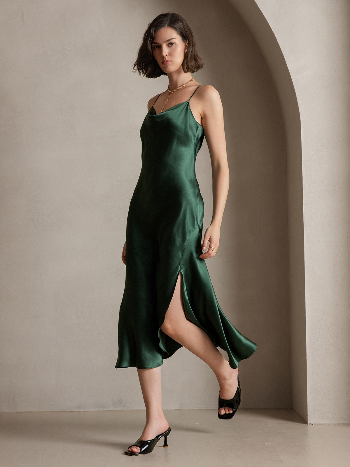 [Dark Green] SilkSilky-UK 19Momme Pure Silk Cowl Neck Dress 007