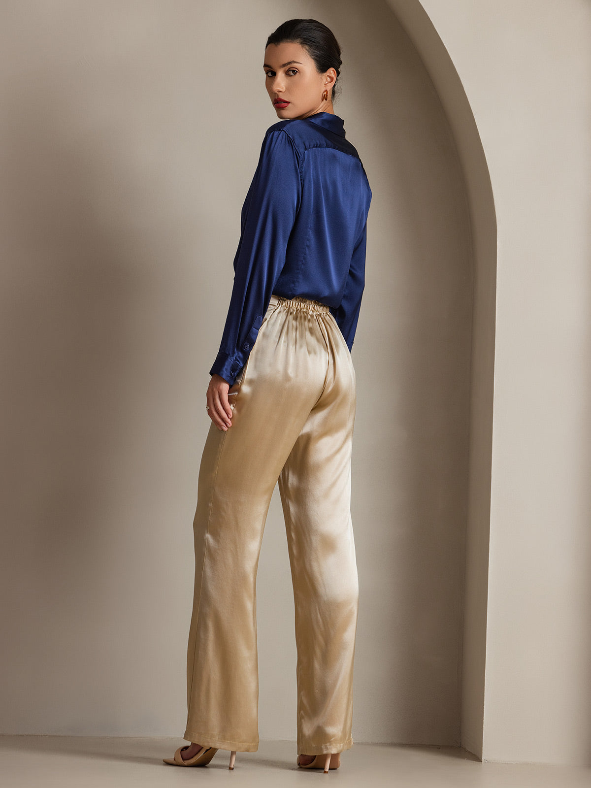 [Dark Blue] SilkSilky-UK Silk Long Sleeve Collar Women's Shirt 002