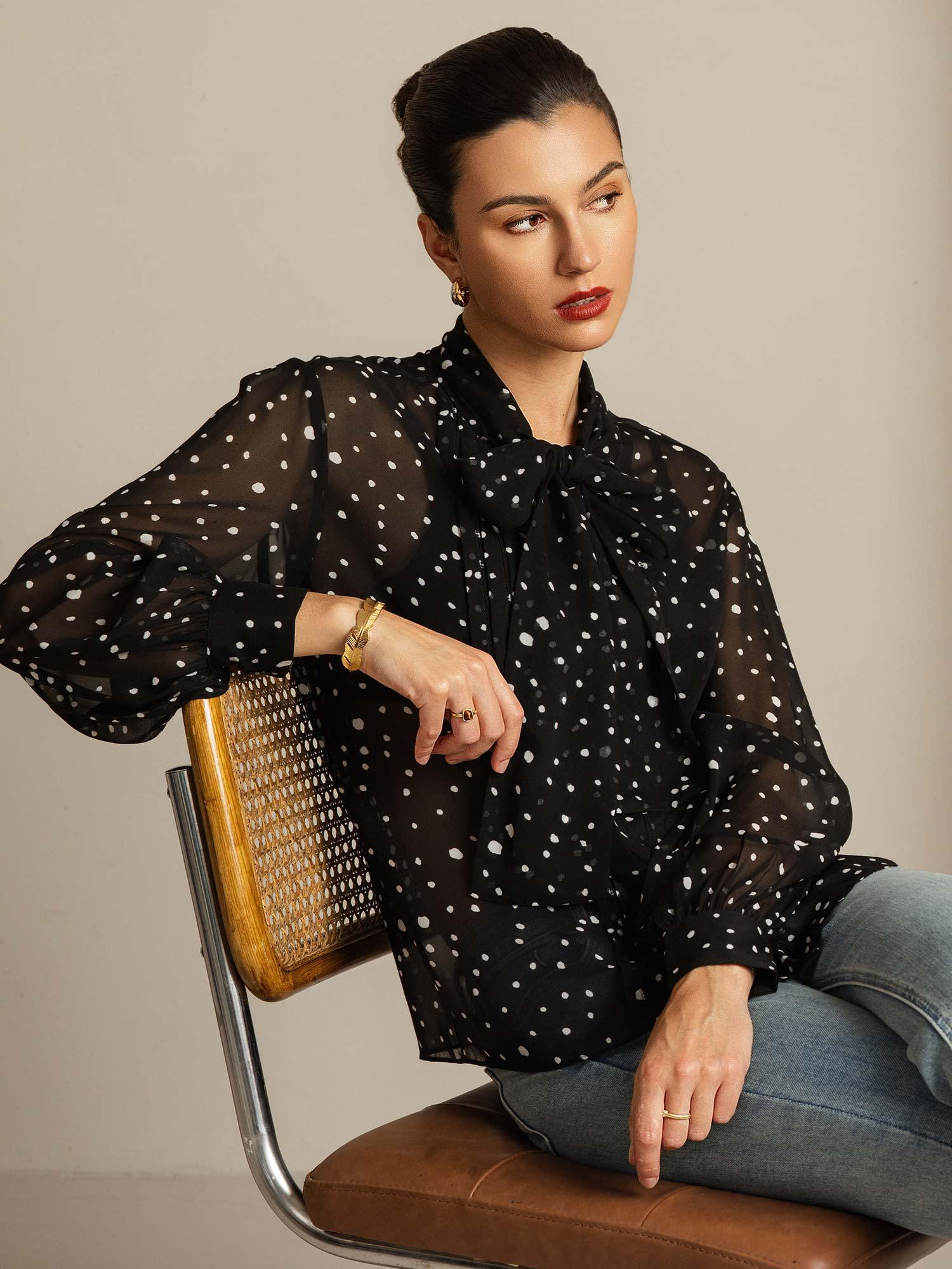 [PolkaDot] SilkSilky-UK Pure Silk Tie Neck Women's Shirt 008