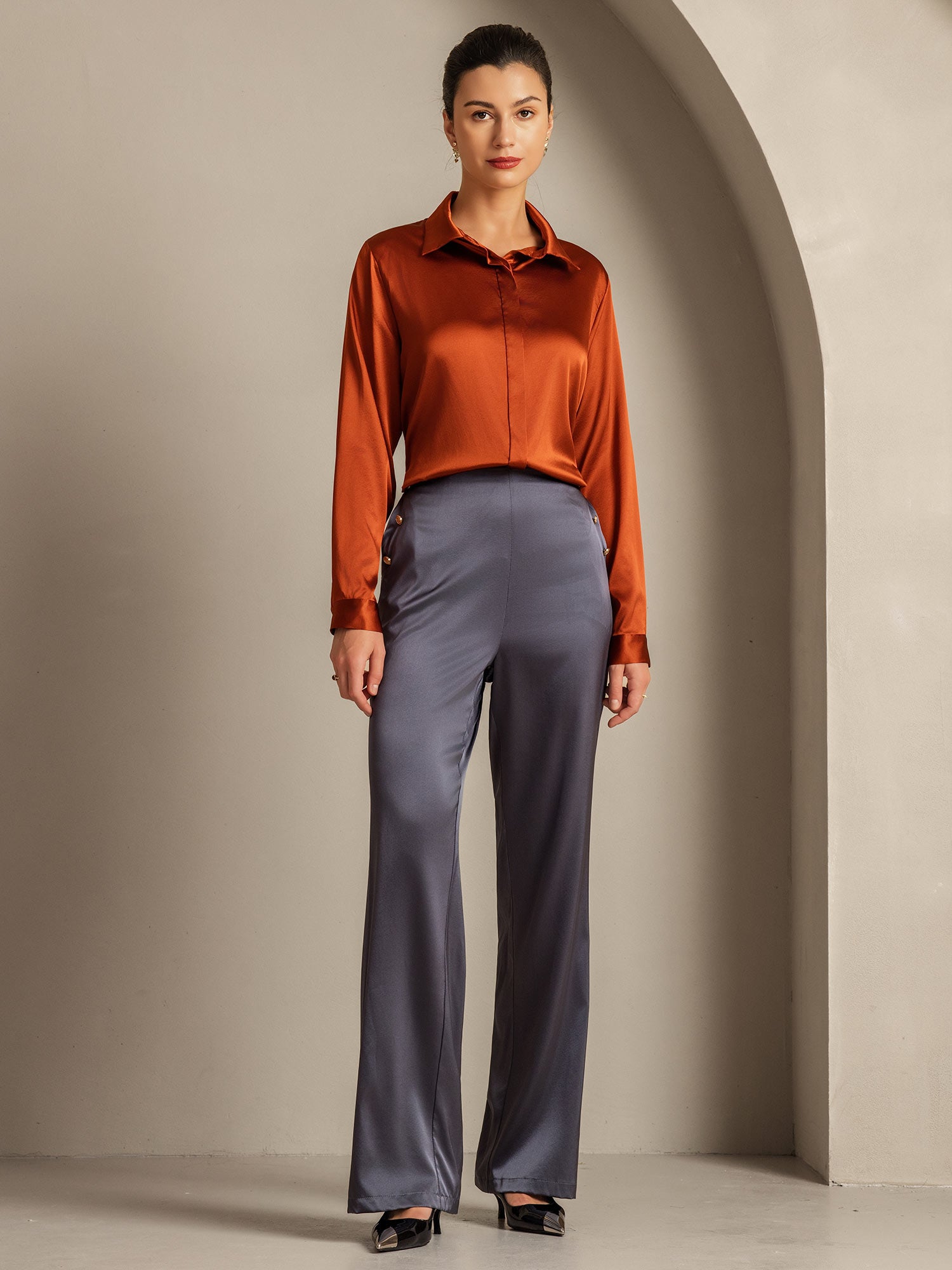 [Caramel] SilkSilky-UK 19Momme Silk Collar Women's Shirt 008