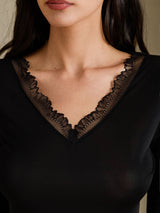 [Black] SilkSilky-UK Long Sleeve V Neck Women's Long Johns 005