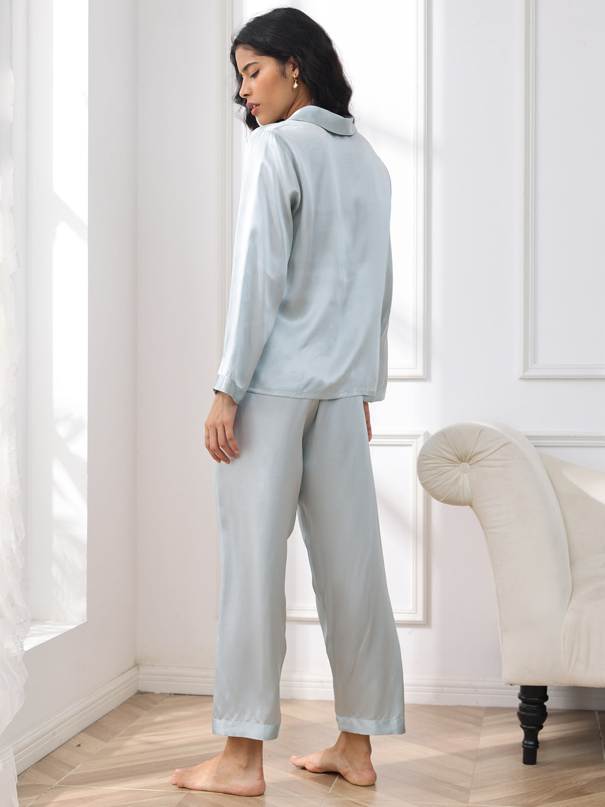 SilkSilky UK Pure Silk Long Sleeve Lapel Women's Pyjamas LightBlue 002