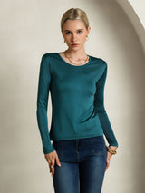 [Posy Green] SilkSilky-UK Silk Jersey Long Sleeve Round Neck Women's T-Shirt 004