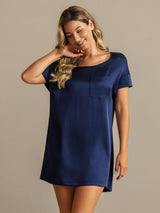[Dark Blue] SilkSilky-UK 19Momme Machine-Washable Silk Short Sleeve Round Neck Nightdress 006