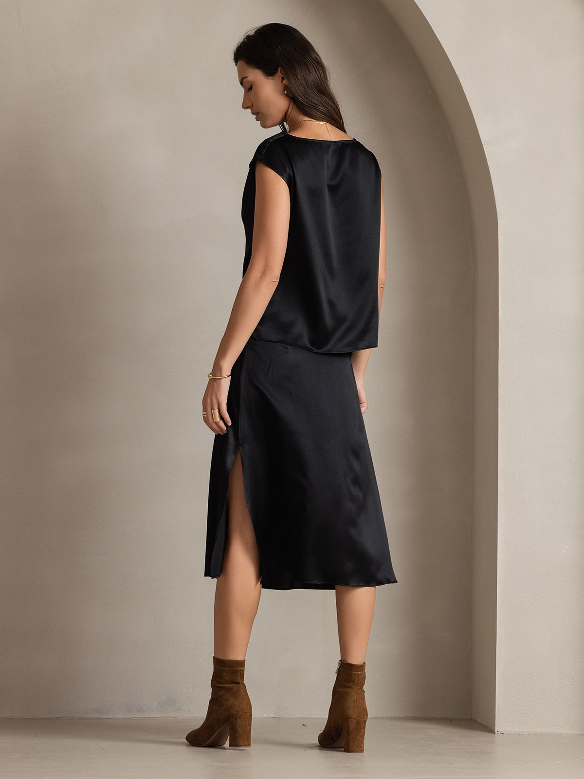 [Black] SilkSilky-UK 19Momme Silk Cap Sleeve Cowl Neck Women's T-Shirt 002