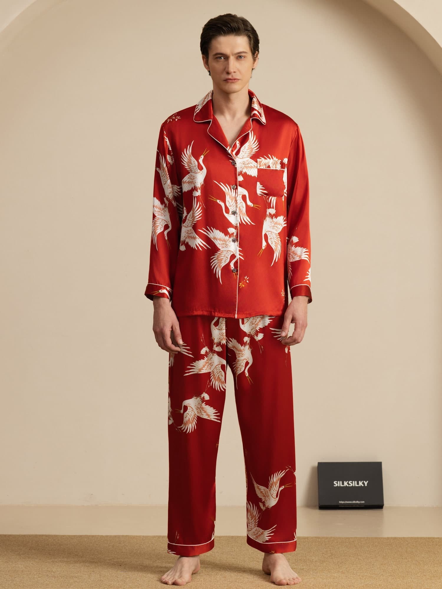 [Wine] SilkSilky-UK 19Momme Long Sleeve Notch Collar Men's Pyjamas 003