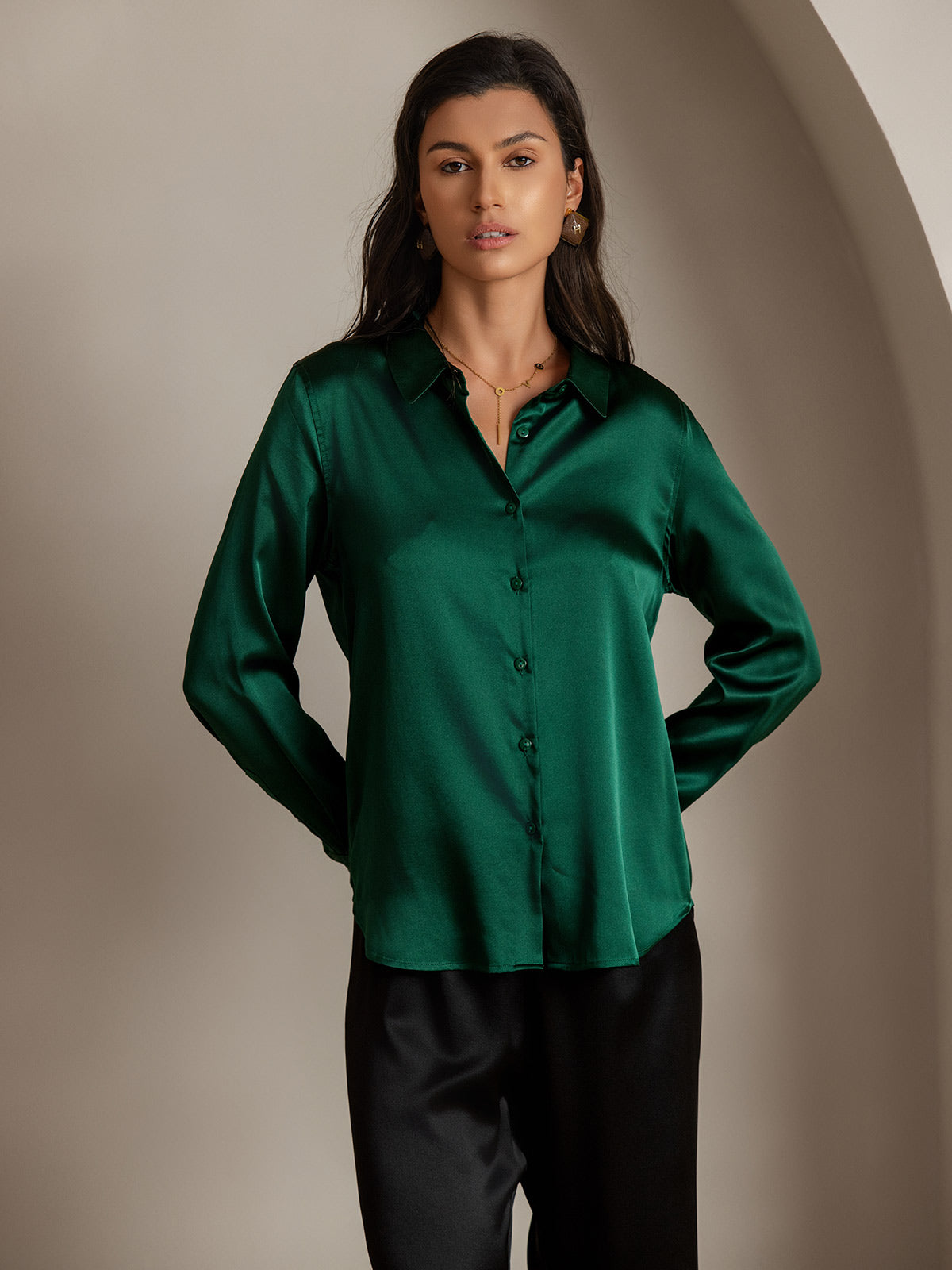 [Dark Green] SilkSilky-UK Silk Long Sleeve Collar Women's Shirt 006