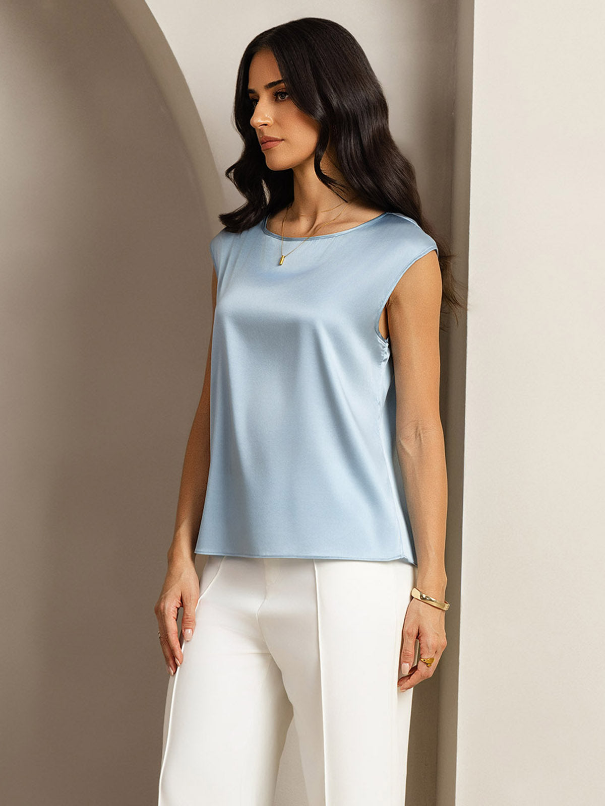 [Grayish Blue] SilkSilky-UK 19Momme Silk Round Neck Women's T-Shirt 005