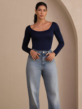 [Dark Blue] SilkSilky-UK Long Sleeve U Neck Women's T-Shirt 004