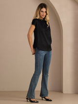 [Black] SilkSilky-UK Short Sleeve Split Women's Blouse 005