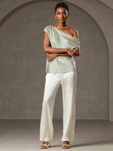[Light Green] SilkSilky-UK 19Momme Sleeveless One Shoulder Women's T-Shirt 005