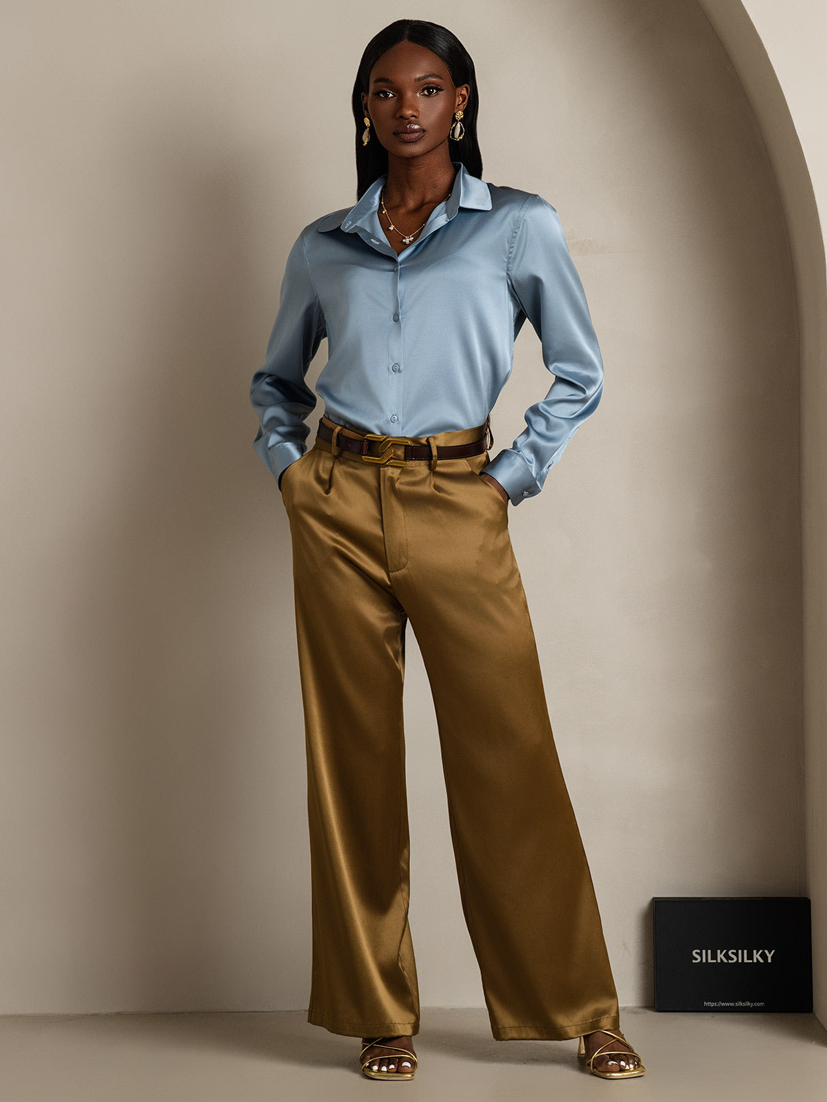 [Grayish Blue] SilkSilky-UK Silk Long Sleeve Collar Women's Shirt 009