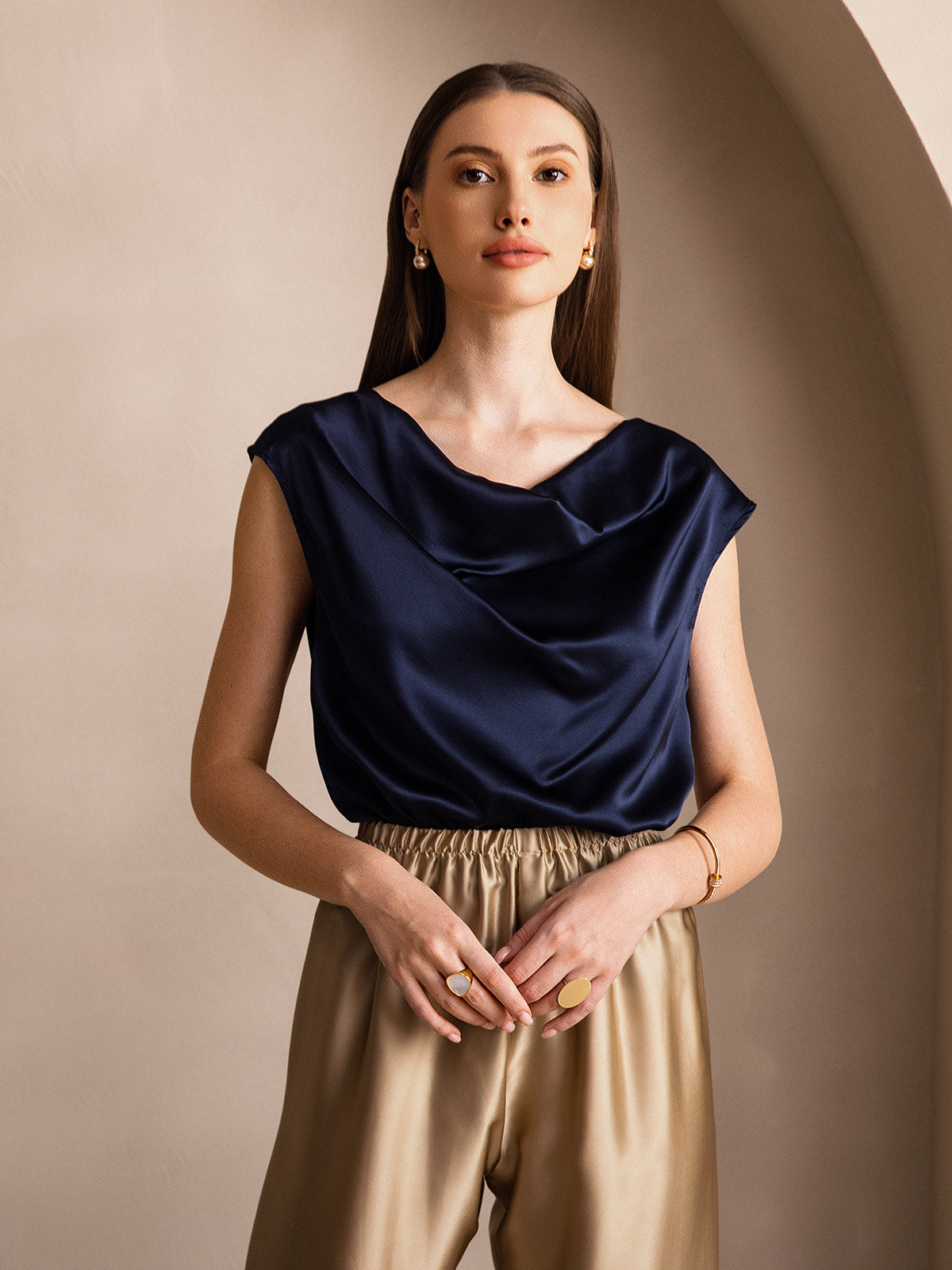 [Dark Blue] SilkSilky-UK 19Momme Silk Cap Sleeve Cowl Neck Women's T-Shirt 003