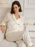 SilkSilky-UK Pure Silk Long Sleeve V Neck Women's Pyjamas Beige 004