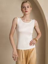 [White] SilkSilky-UK 100% Silk Jersey Sleeveless Round Neck Women's T-Shirt 003