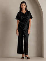 [Black] SilkSilky-UK Short Sleeve Cowl Neck Women's Blouse 004