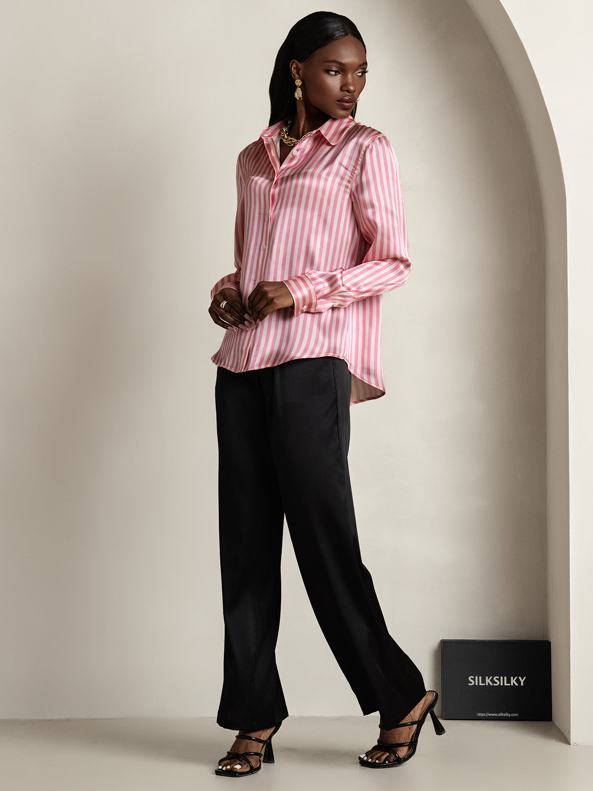 [Pink Stripe] SilkSilky-UK Silk Long Sleeve Collar Women's Shirt 010