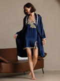 SilkSilky-UK Pure Silk Long Sleeve V Neck Nightdress&Dressing gowns DarkBlue 001