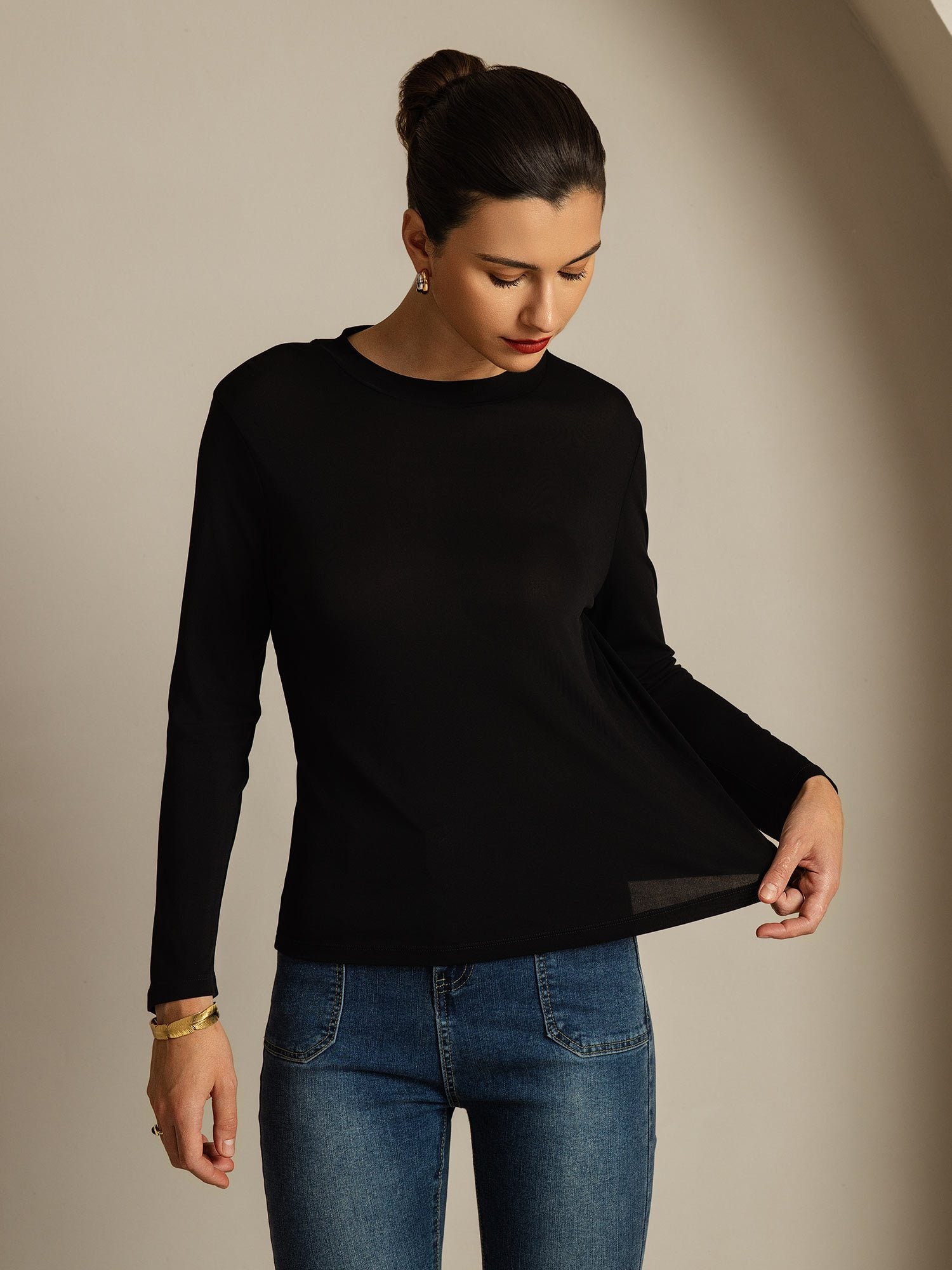 [Black] SilkSilky-UK Pure Silk Round Neck Women's T-Shirt 003