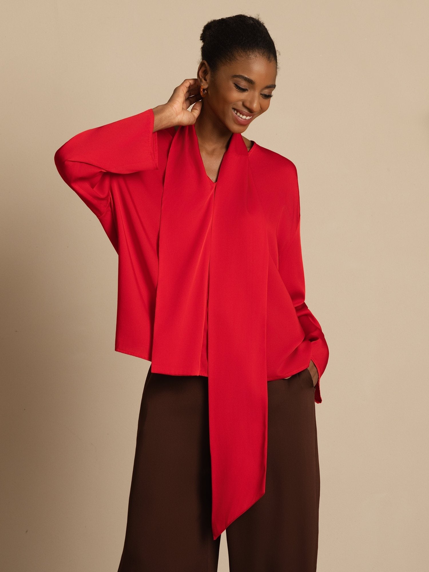 [Wine] SilkSilky-UK 19Momme Stretch Silk Double Georgette Long Sleeve V Neck Blouse 002