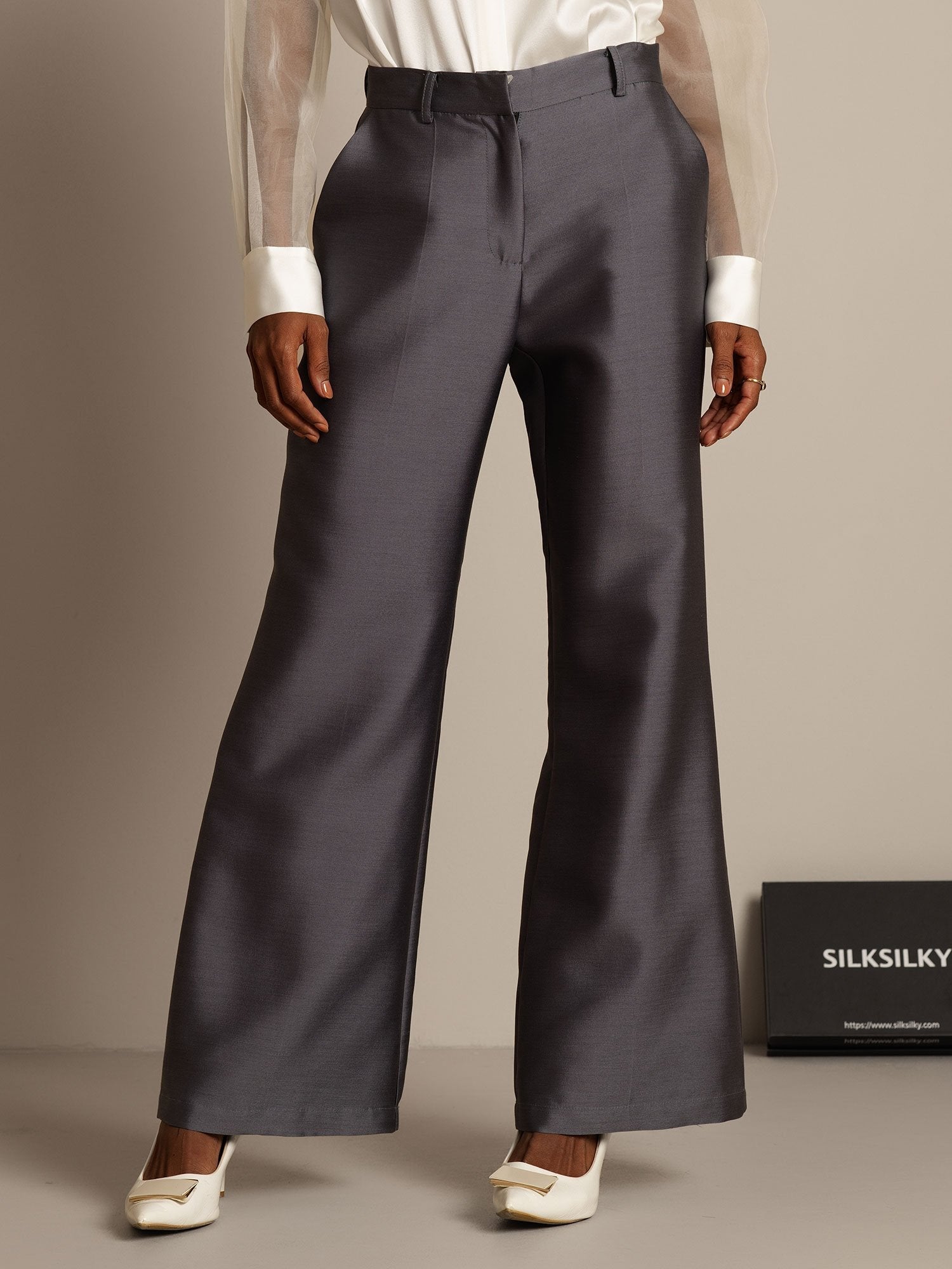 [Gray] SilkSilky-UK 32Momme Silk-Wool Blend Womens Pants 005,