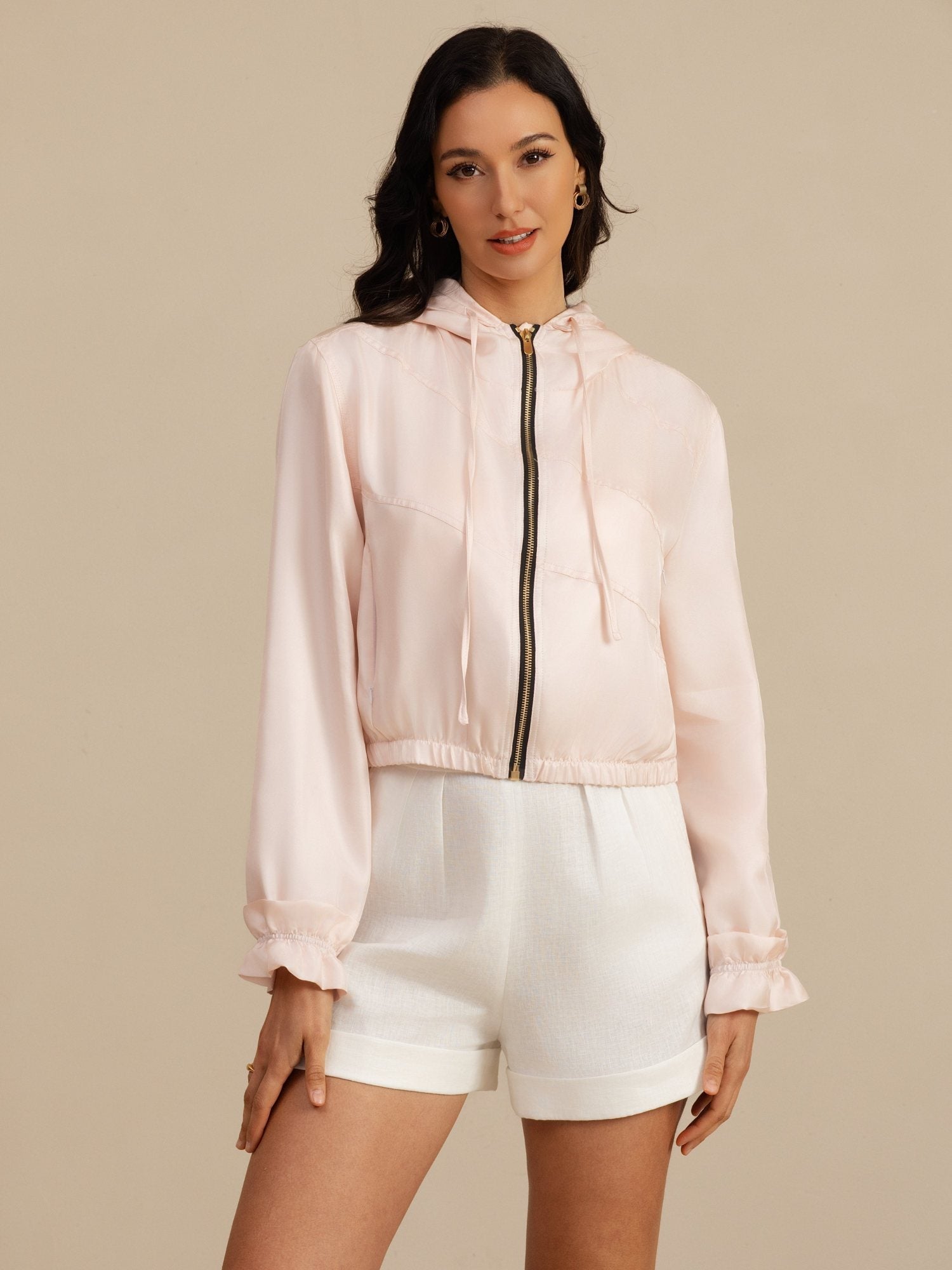 [Pink] SilkSilky-UK 18Momme Silk Satin Surah Long Sleeve High Neck Women's Outerwear 007