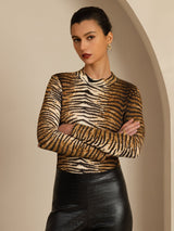 [Tiger] SilkSilky-UK 100% Silk Jersey Long Sleeve Mock Neck Women's T-Shirt 004