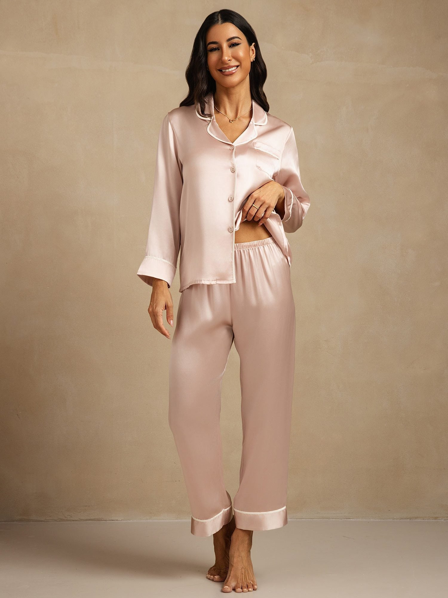 [Pink] SilkSilky-UK Long Sleeve Notch Collar Women's Pyjamas 001