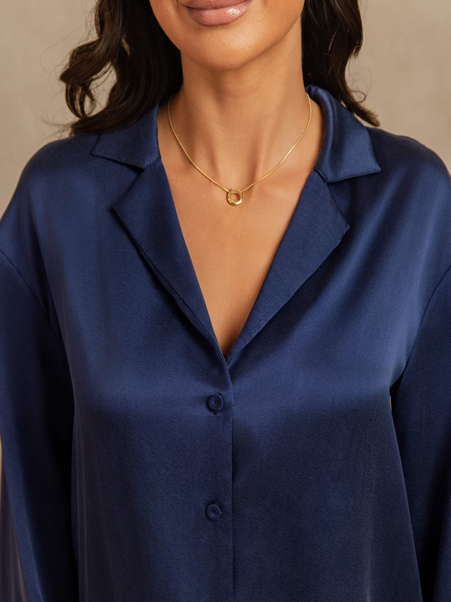 [Dark Blue] SilkSilky-UK 19Momme Machine-Washable Silk Notched Neck Women's Pyjamas 004