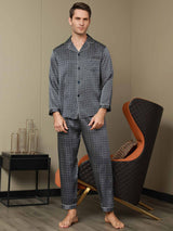 [Navy Ginkgo] SilkSilky-UK 19Momme Long Sleeve Notch Collar Men's Pyjamas 015