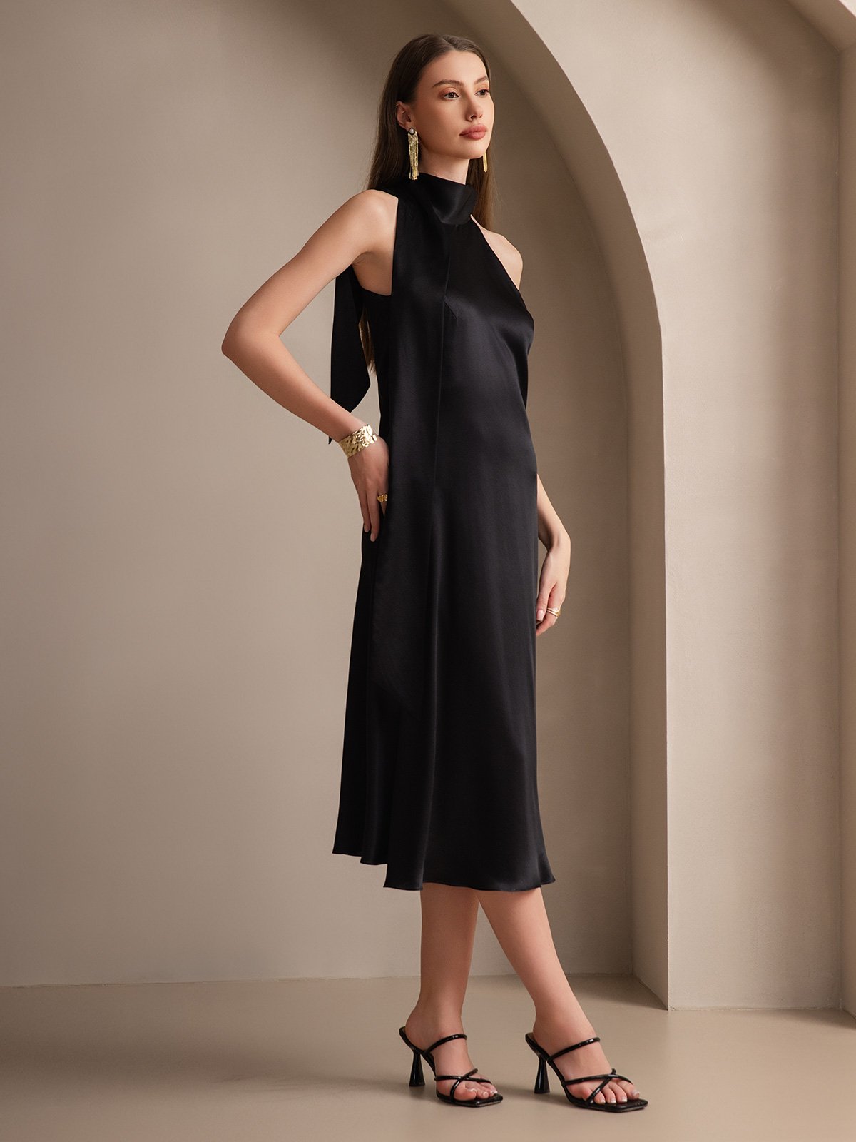 [Black] SilkSilky-UK 19Momme Silk Sleeveless Tie Neck Dress 007