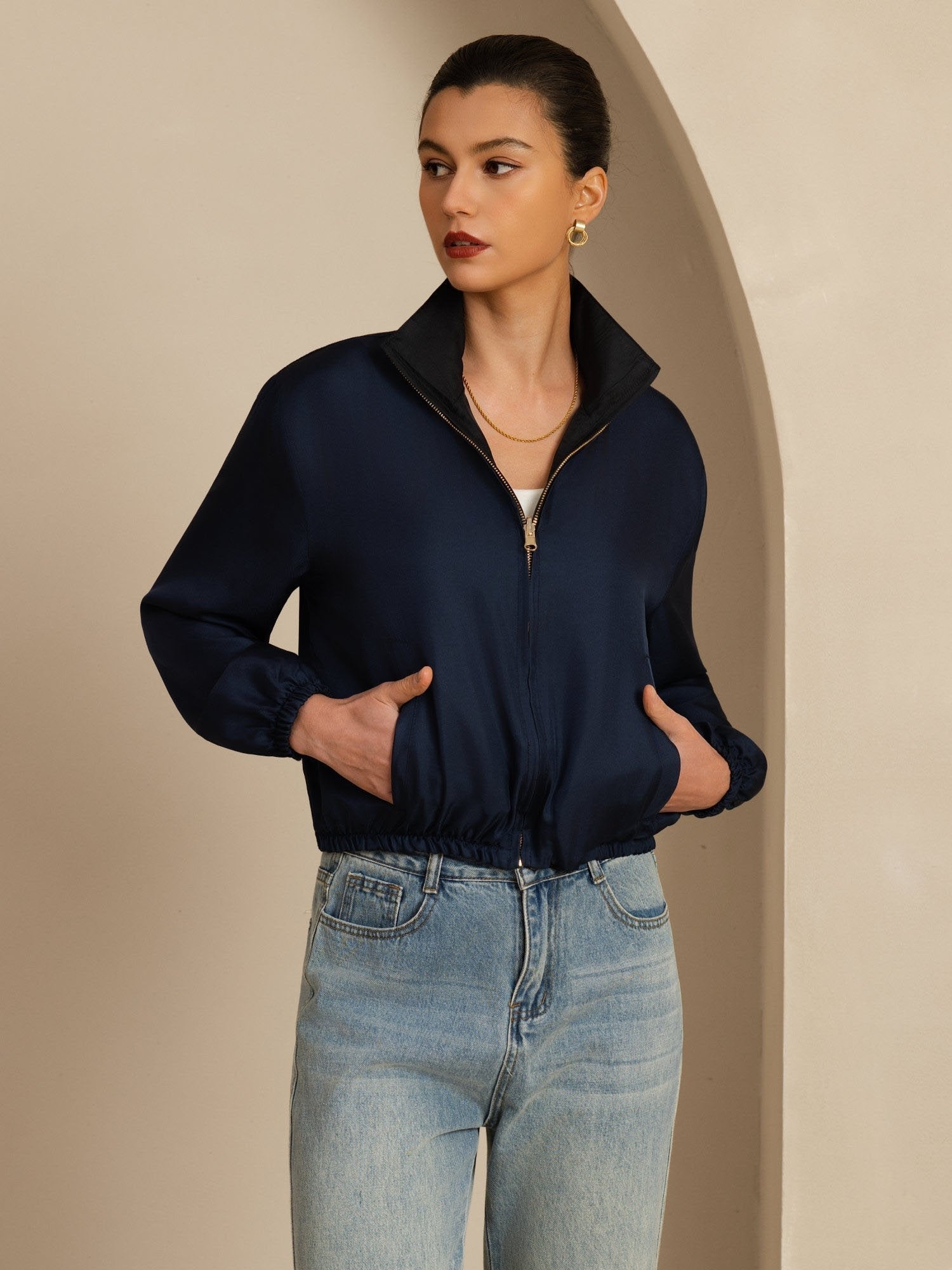 [Black+DarkBlue] SilkSilky-UK 18Momme Silk Satin Surah Long Sleeve Stand Collar Women's Outerwear 001
