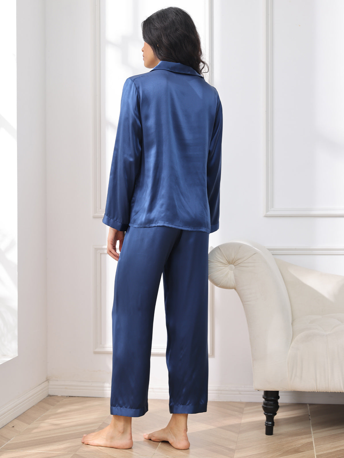 SilkSilky UK Pure Silk Long Sleeve Lapel Women's Pyjamas DarkBlue 002