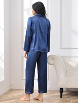 [Dark Blue] SilkSilky-UK Long Sleeve Lapel Collar Women's Pyjamas 002