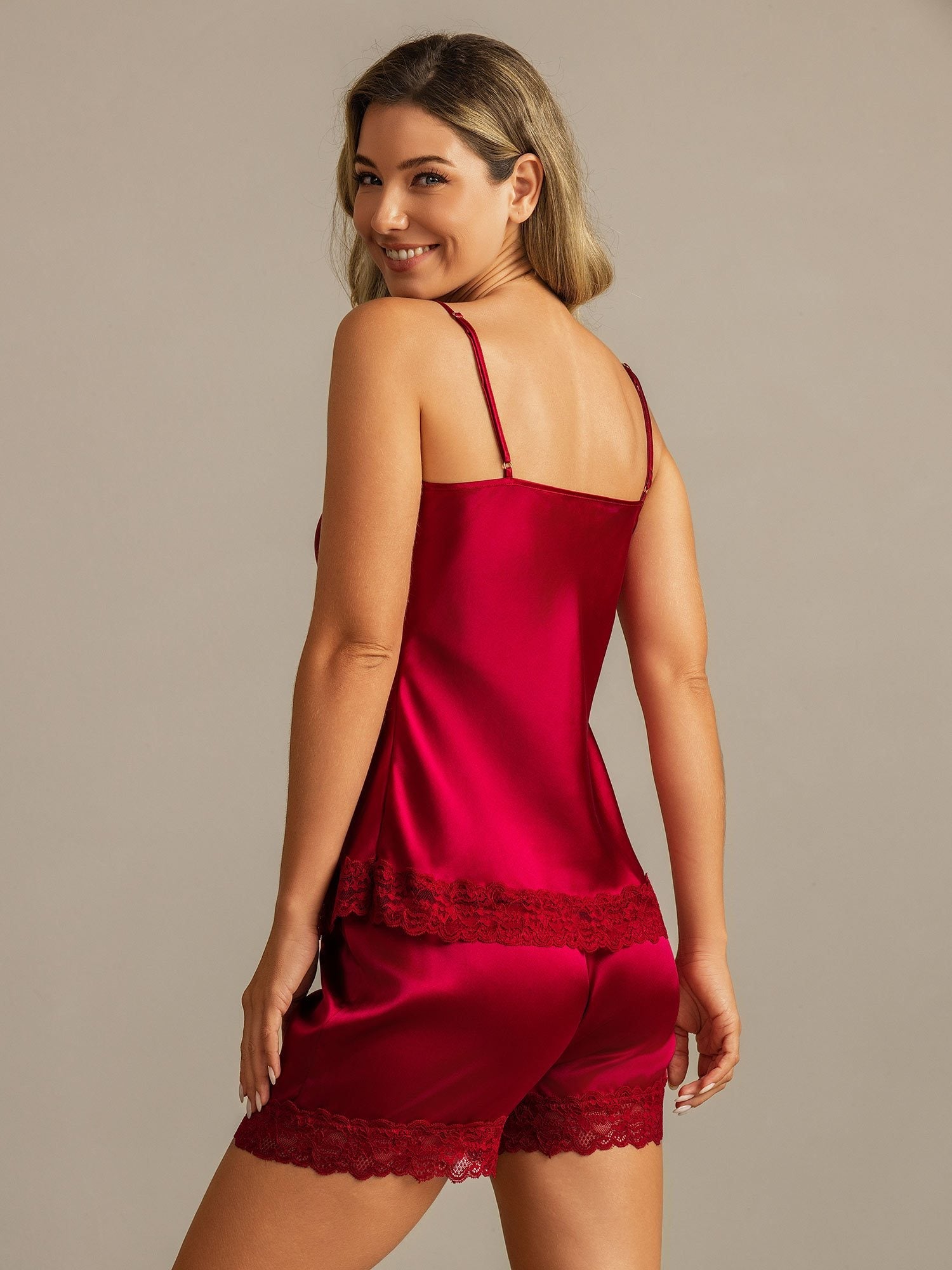 [Wine] SilkSilky-UK Spaghetti Strap V Neck Camisole Set 002