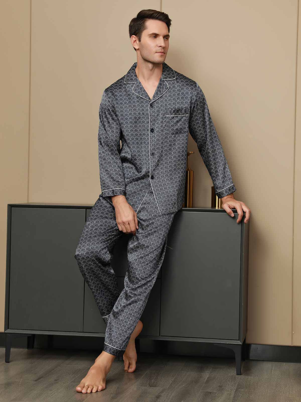 [Navy Ginkgo] SilkSilky-UK Long Sleeve Lapel Collar Men's Pyjamas 001